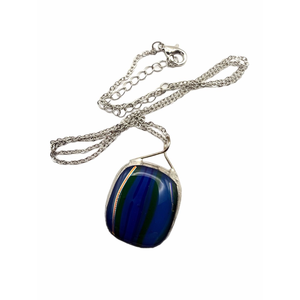 Artisan Dichroic Glass Pendant Necklace Blue Green Striped Silver Tone Chain